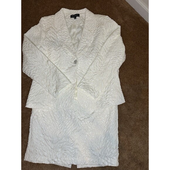 John Meyer Collection Creamy White  Textured Brocade Skirt Suit Set Size 14/16 - Picture 1 of 17